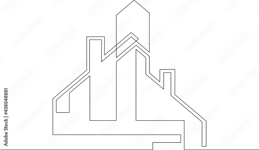 Modern architecture of houses.One continuous line.Residential private house.One continuous drawing line logo isolated minimal illustration.