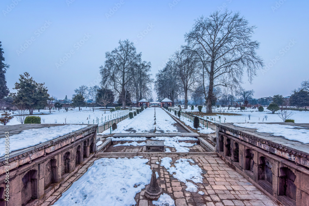 The snow covered view of Shalimar Bagh Mughal Garden during winter season, Srinagar, Kashmir, India The snow covered view of Shalimar Bagh Mughal Garden during winter season, Srinagar, Kashmir, India