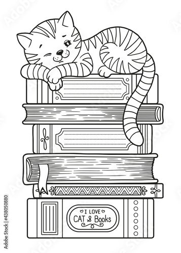 Books and book lover sleeping cat. Detailed coloring page for adults. World Book Day