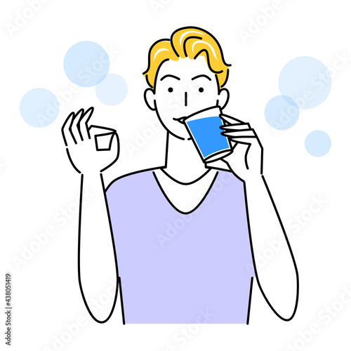 熱中症対策 OKポーズをしなから水分補給の為に水を飲んでいる可愛い男性 イラスト シンプル ベクター