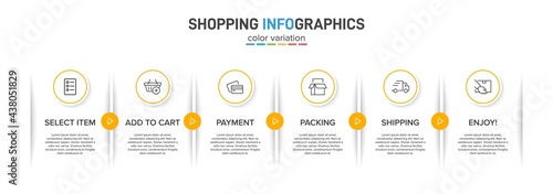 Concept of shopping process with 6 successive steps. Six colorful graphic elements. Timeline design for brochure, presentation, web site. Infographic design layout.