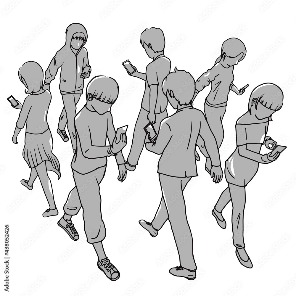 スマホを見ながら歩く人々 歩きスマホの人々のイラスト Stock Vector Adobe Stock