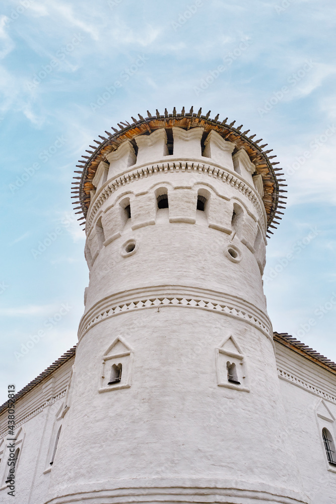 The tower of the white-stone Tobolsk Kremlin, located in Siberia, Russia,