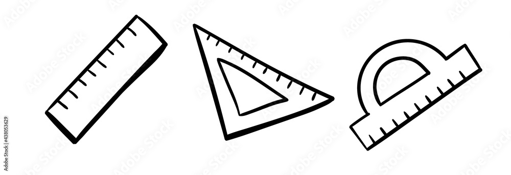 Fototapeta premium Set of doodle ruler, triangular ruler and protractor. Black and white vector illustration. Hand-drawn icons.