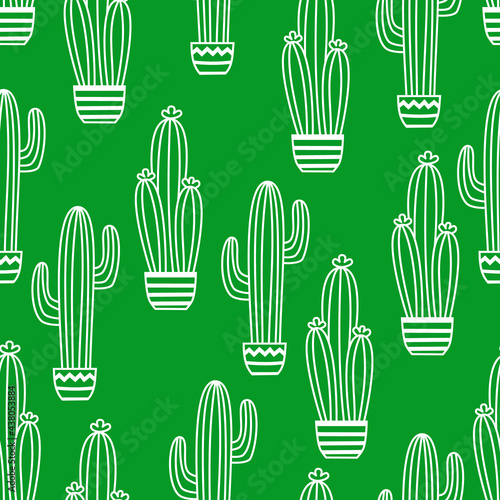 Seamless pattern with potted cactus Vector outline illustration drawings For design packaging, textile, background, design postcards and posters © Darya