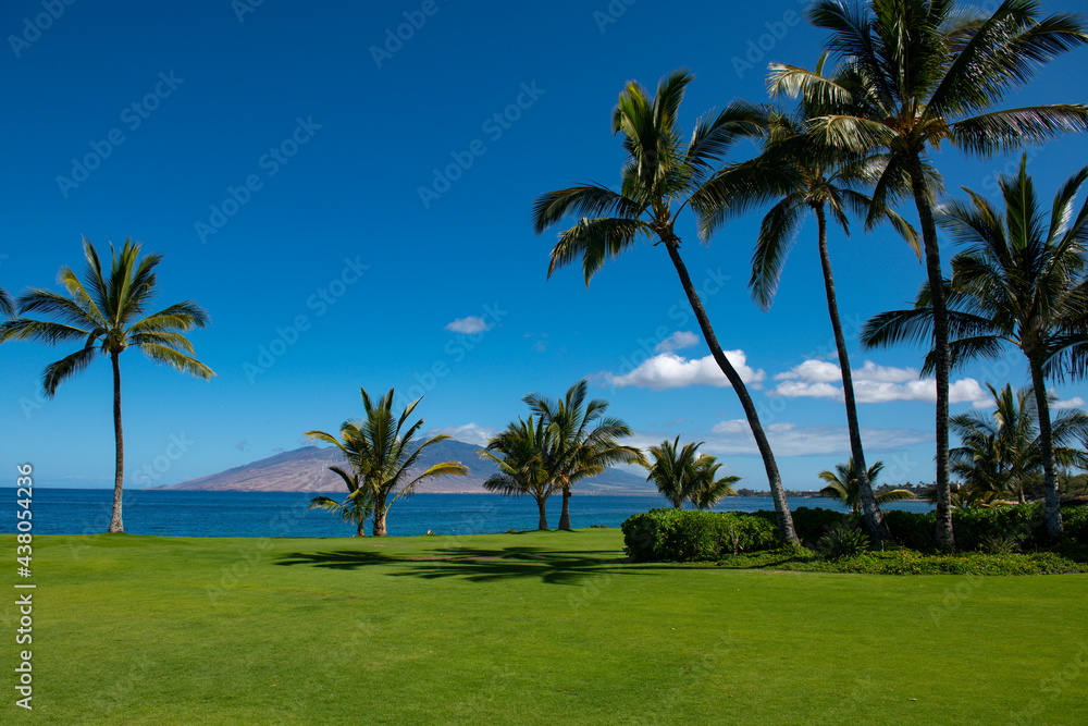 Seaside view of beach, summer vacation background.