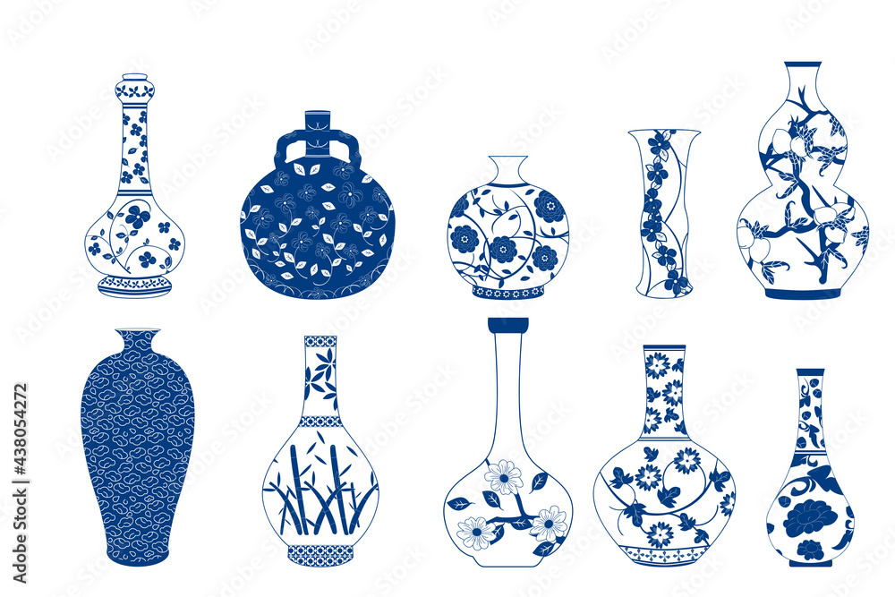 Vase Set. Chinese porcelain vase, ceramic vase, antique blue and white  pottery vase with landscape painting. Oriental decorative elements  collection of vases for your interior design. Stock ベクター | Adobe Stock