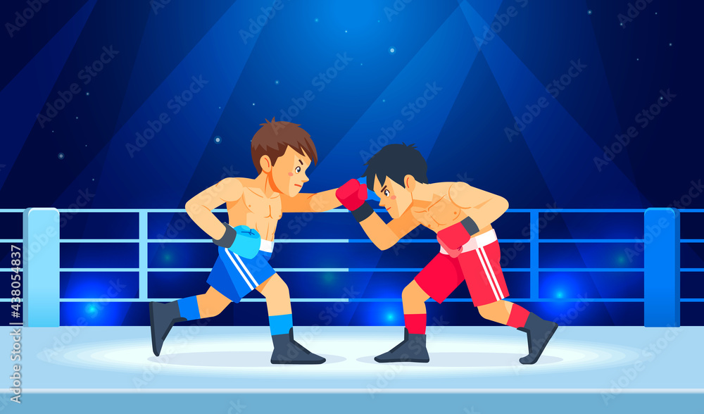 Boxing among teen on ring. Boys boxing, kickboxing children. Children fight with these adult emotions. Popularization of sports and healthy lifestyle. Cartoon vector illustration.