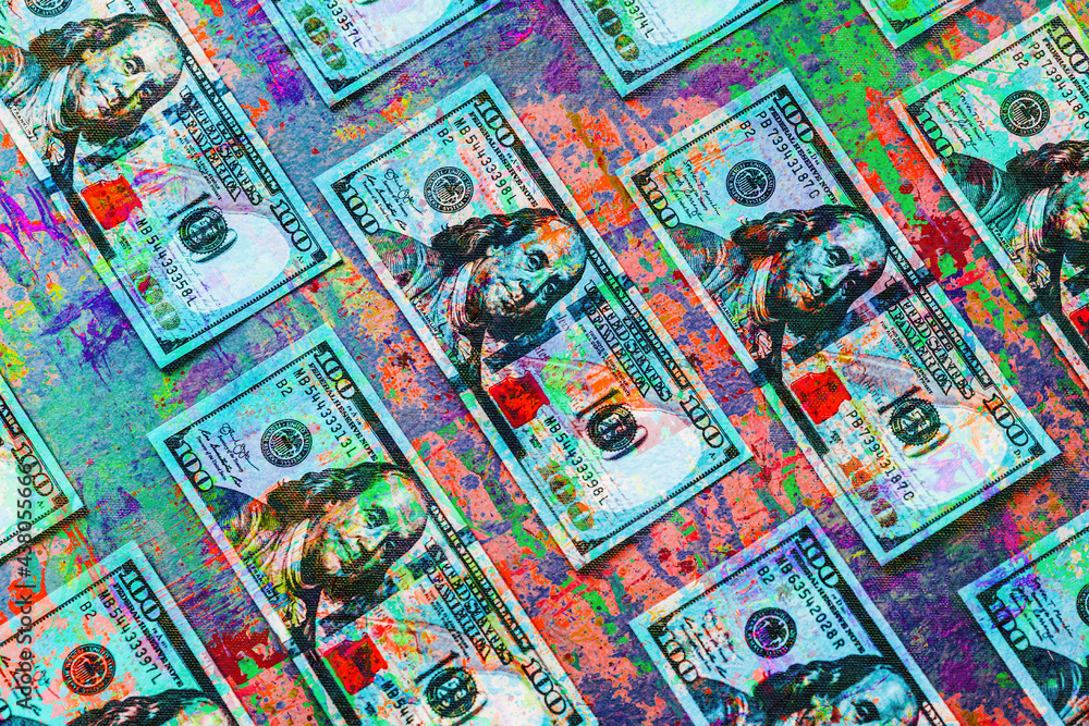 dollars banknotes with creative colorful abstract elements on dark background dollars banknotes with creative colorful abstract elements on dark background