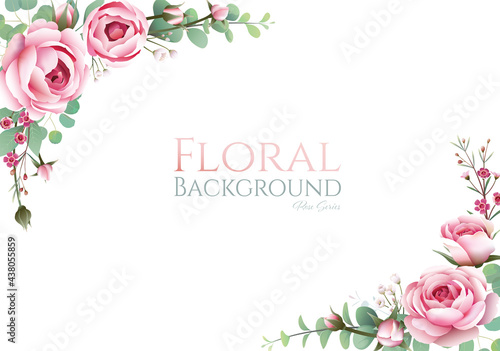 Queen of Sweden rose Frame border on white background. Beautiful template for wedding invitation or greeting card, banner. All elements are isolated and editable. Vector.
