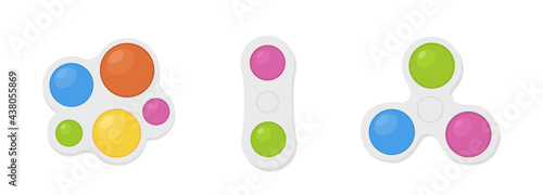 Simple dimple. Isolated antistress toys. Fidget sensory toy pop it. Colorful Silicone bubbles. Trendy keychain simple dimple of various shapes to relieve stress. Vector illustration on white.