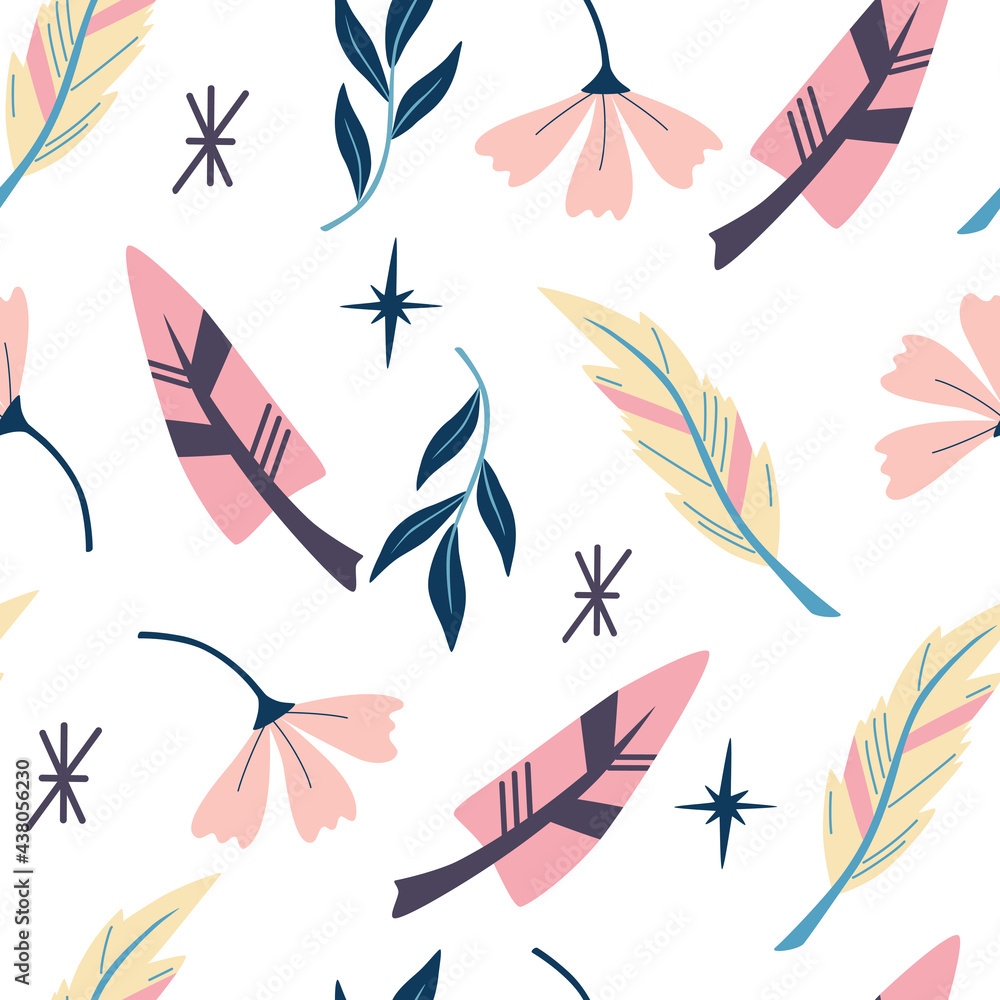 Seamless pattern with feathers. Wallpaper in boho style. Indian aztec geometric feathers  and flowers background. For wallpaper, web page background, greeting cards, fabric printing. Vector