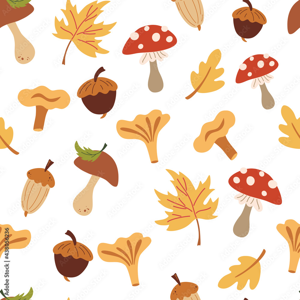 Autumn seamless pattern with mushrooms and leaves. Autumn forest. Falling leaves, acorns, mushrooms. Floral design for wrapping paper, fabrics, covers and cards. Vector illustration in cartoon style Autumn seamless pattern with mushrooms and leaves. Autumn forest. Falling leaves, acorns, mushrooms. Floral design for wrapping paper, fabrics, covers and cards. Vector illustration in cartoon style