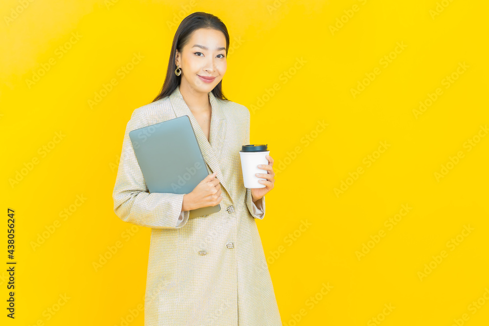 Portrait beautiful young asian woman smile with computer laptop Portrait beautiful young asian woman smile with computer laptop