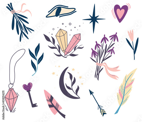 Set of magic plants and symbols. Moon, flowers, Eye, Crystals, herbs, Feathers. Hand drawn illustrations for tattoo, textile, cards, Halloween décor. Vector illustration in cartoon style