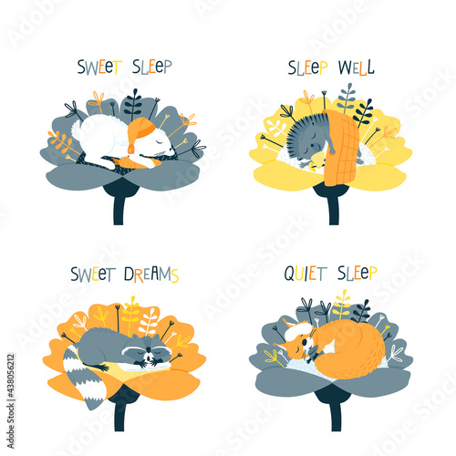 Set of sleeping animals. Raccoon on the pillow. Squirrel with nuts in a sleep mask. Hare with a carrot in a nightcap. Hedgehog with mushrooms under the covers. Flat vector illustration.