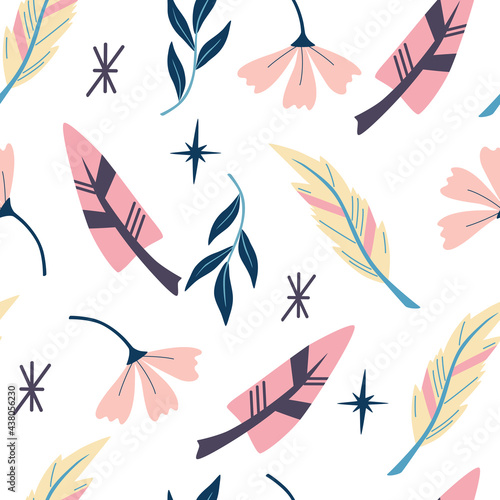 Seamless pattern with feathers. Wallpaper in boho style. Indian aztec geometric feathers and flowers background. For wallpaper, web page background, greeting cards, fabric printing. Vector