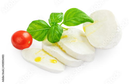 Mozzarella cheese with basil and tomatoe isolated on white background. Slices of Mozzarella .