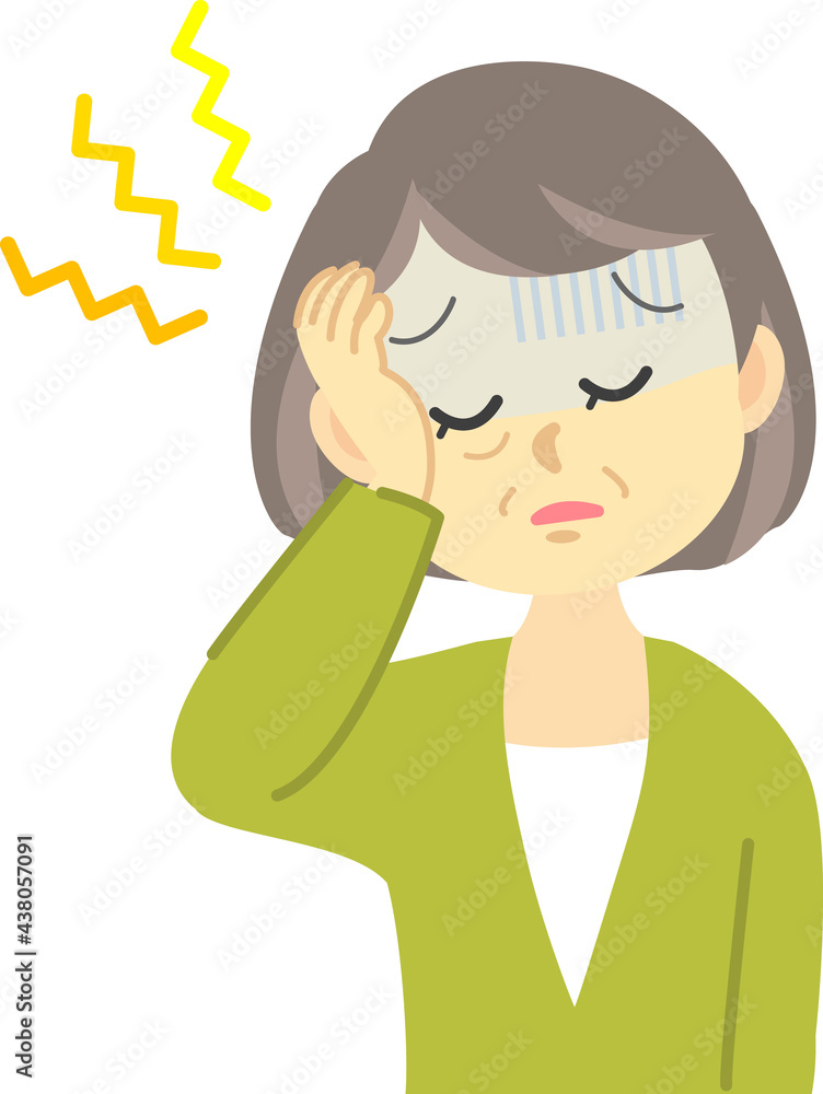 イラスト素材:体調不良シリーズ　年配の女性が頭痛や貧血で頭に手を当て不調を訴える姿
