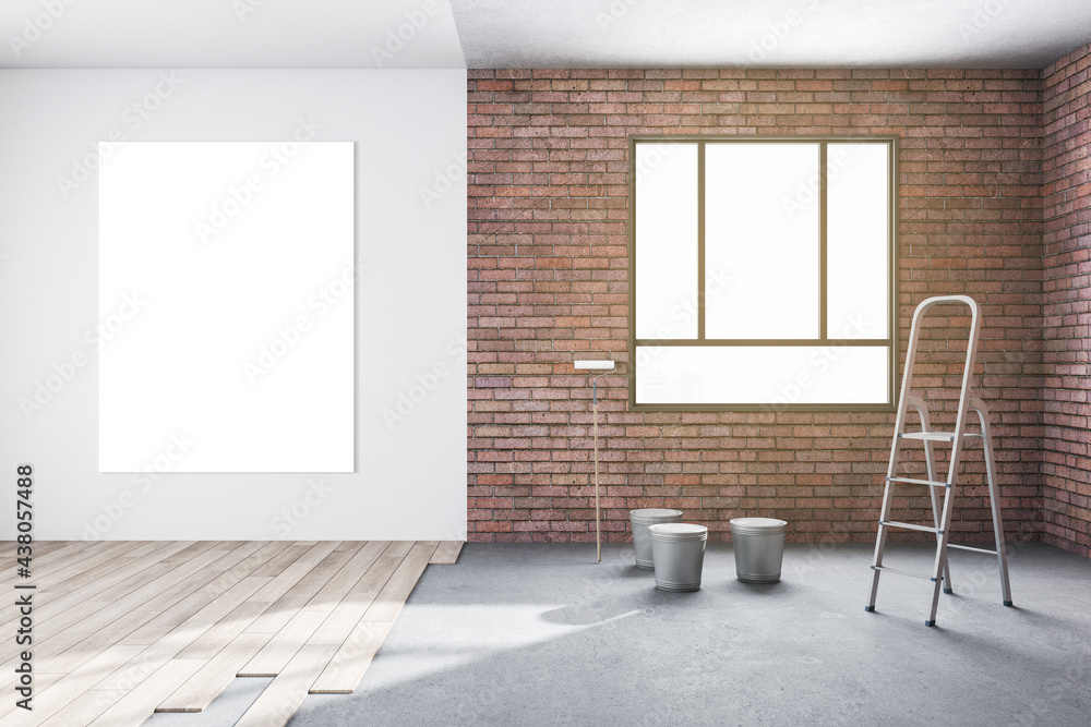 Fototapeta premium Unfinished bright room interior repairs in apartment with window, brick walls, wooden floor and blank frame. 3D Rendering.