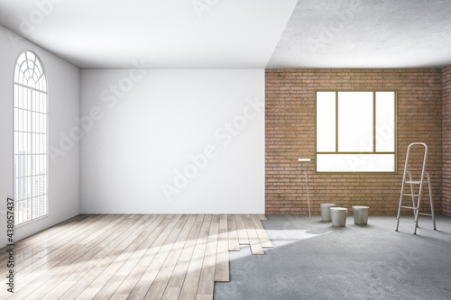 Unfinished sunny room interior repairs in apartment with window, brick walls, wooden flooring and mockup space. 3D Rendering.