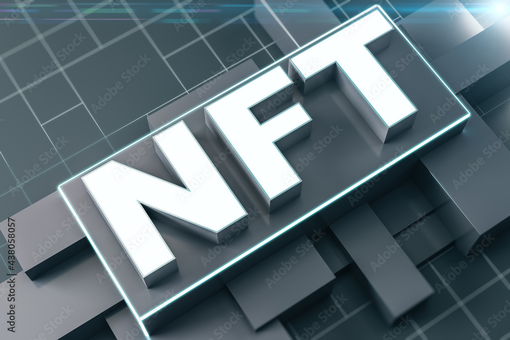 NFT nonfungible tokens concept - NFT word in black frame on abstract technology background. 3D Rendering. NFT nonfungible tokens concept - NFT word in black frame on abstract technology background. 3D Rendering.