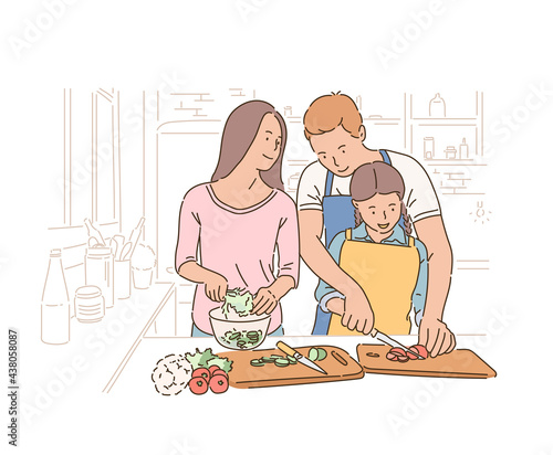 Father mother and daughter are lovingly cooking. hand drawn style vector design illustrations. 