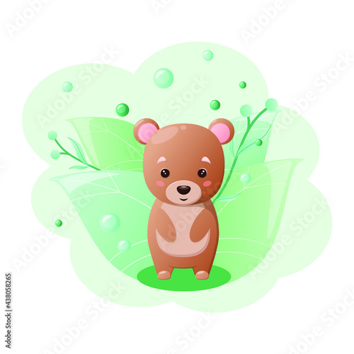Cute bear on the background of green leaves. Children s animal illustration.