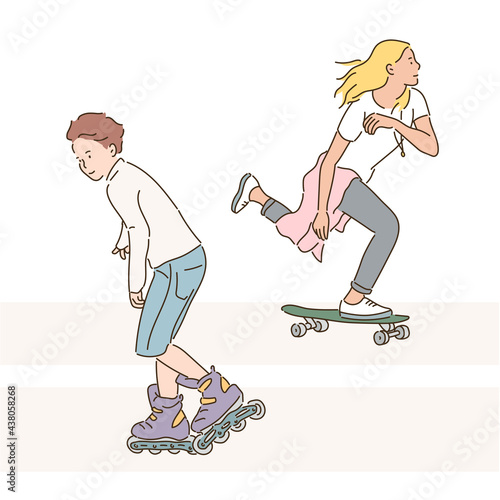 A woman riding a skateboard and a man riding an inline. hand drawn style vector design illustrations. 