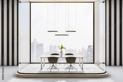 Modern negotiation office room interior with glass partitions  window with city view and daylight. 3D Rendering.