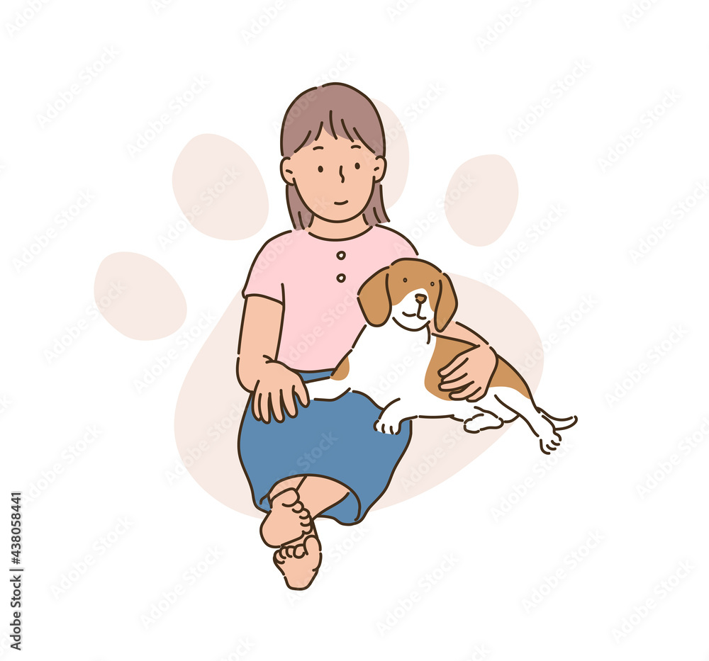 A girl is sitting with a beagle. hand drawn style vector design illustrations. A girl is sitting with a beagle. hand drawn style vector design illustrations.