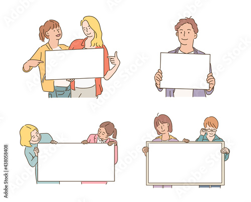 People are holding white boards. hand drawn style vector design illustrations. 