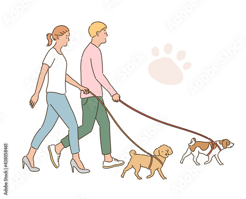 Man and woman walking with a dog. hand drawn style vector design illustrations. 
