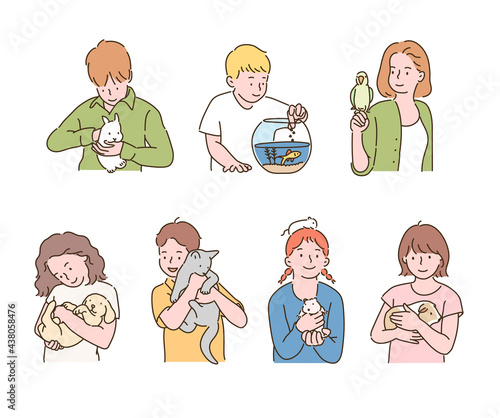 People with various pets. hand drawn style vector design illustrations. 