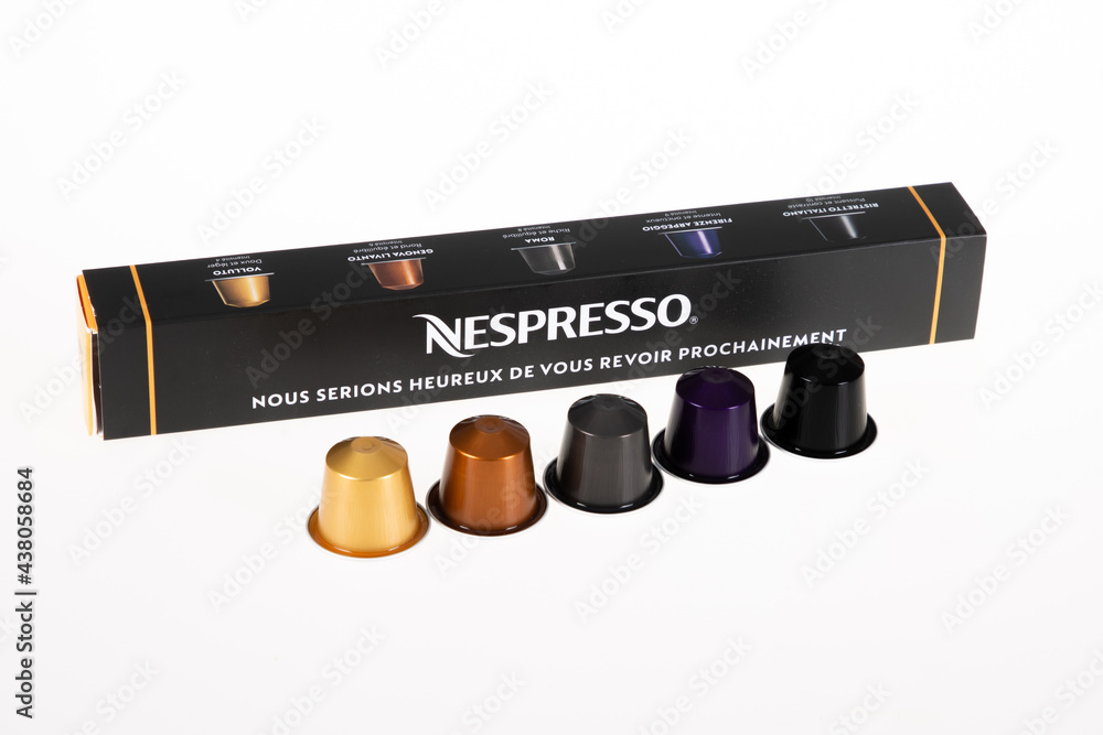 Nespresso coffee doses box of pod aluminum metal capsule cafe for personal  machine Stock Photo | Adobe Stock