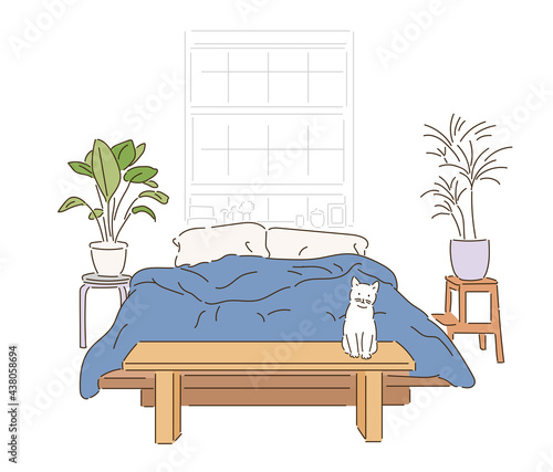 Bedroom interior with a cat. hand drawn style vector design illustrations. 