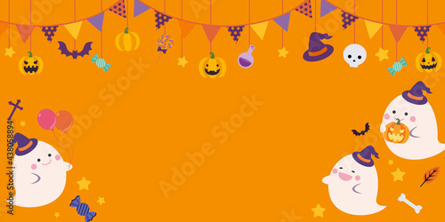 秋のハロウィンのかわいいお化けたちのベクターイラストフレーム背景
