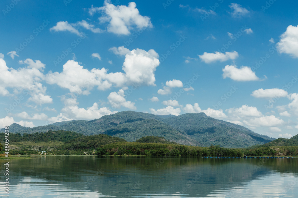 lake and mountains with blue sky 