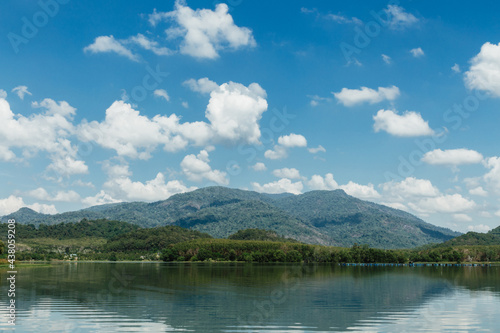 lake and mountains with blue sky 