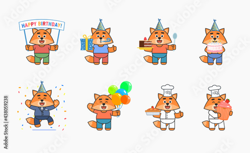 Set of cute fox characters showing various birthday party actions. Cheerful fox holding gift box, cake, balloons, banner, cupcake and other situations. Vector illustration bundle