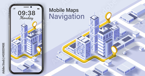 City isometric plan with road and buildings on smart phone.