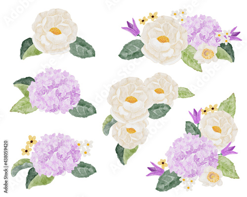 watercolor white camellia and purple  hydrangea flower bouquet  collection