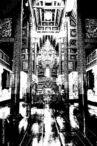 Landscape of ancient temples in northern Thailand Black and white illustrations.