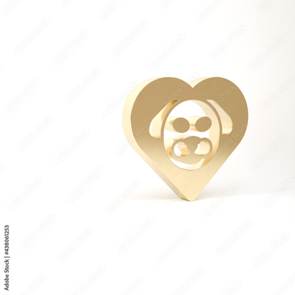 Gold Heart with dog icon isolated on white background. Pet paw in heart. Love to the animals. 3d illustration 3D render