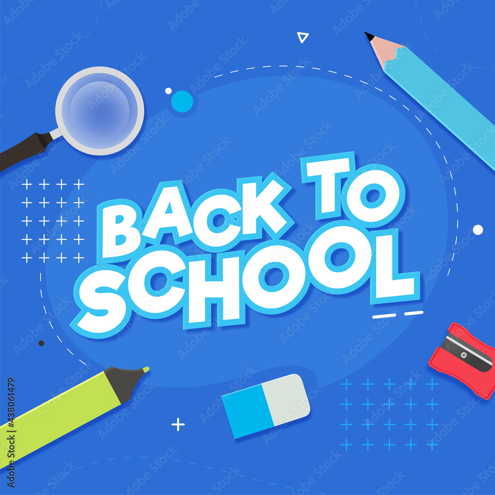 Sticker Style Back To School With Education Supplies Elements On Blue Background. Sticker Style Back To School With Education Supplies Elements On Blue Background.