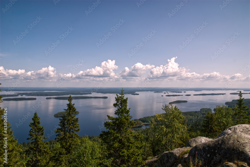 View from Koli mountain hill Finland to lake Pielinen. National park and hiking location. Popular tourism spot. Green values and environment. Heritage of finnish culture. 