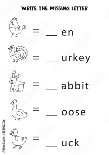 Worksheet for kids. Write the missing letter. Black and white farm animals.