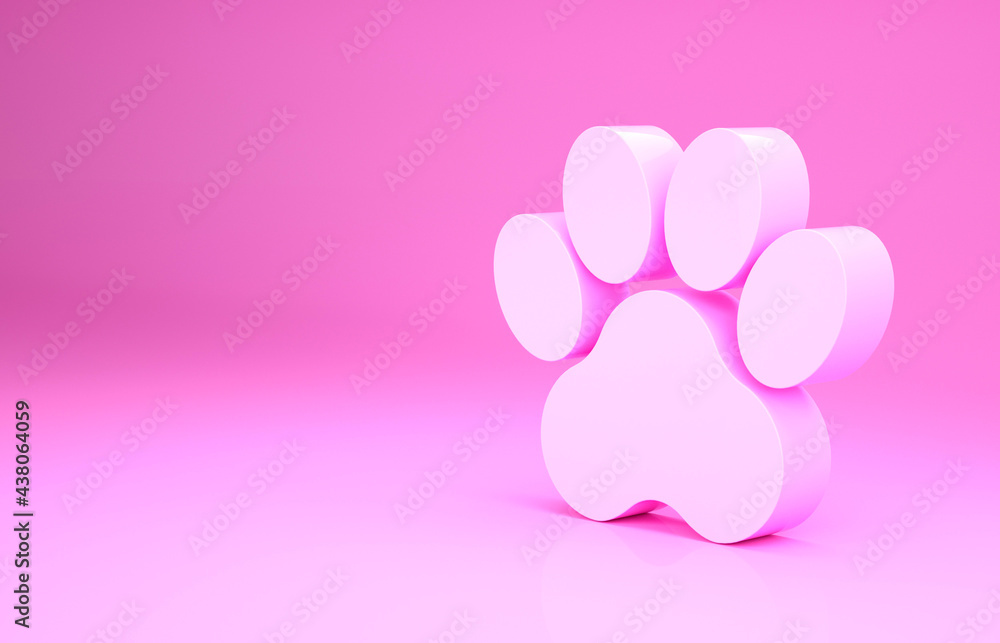 Pink Paw print icon isolated on pink background. Dog or cat paw print. Animal track. Minimalism concept. 3d illustration 3D render Pink Paw print icon isolated on pink background. Dog or cat paw print. Animal track. Minimalism concept. 3d illustration 3D render