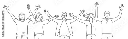 Group of happy people with raising hands rejoice at success.