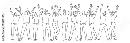 Group of people standing with raising hands.